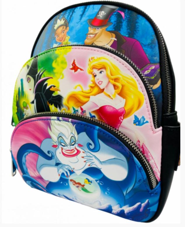 The Disney Good Verses Evil Mini Backpack by Blue Dog Posters features vibrant and detailed artwork of beloved characters, including a princess in a pink dress, a villain in black, and a sea witch with tentacles. With multiple zippered compartments, this backpack strikes the perfect balance between style and functionality.