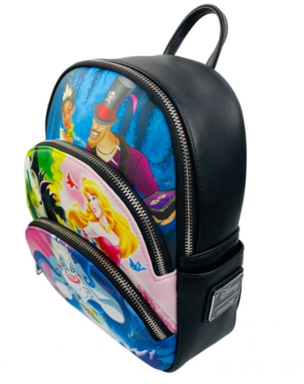 Introducing the Disney Good Verses Evil Mini Backpack from Blue Dog Posters, crafted in black faux leather. This stylish mini backpack features colorful graphics of animated characters on the front pockets, including a princess in a yellow dress, a man in a top hat, and a villainous woman with black horns. The silver zipper and black straps provide sleek finishing touches to this enchanting accessory.