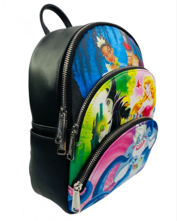 The Disney Good Verses Evil Mini Backpack by Blue Dog Posters is a colorful faux leather accessory featuring an array of Disney characters, from cherished Princesses to iconic Villains. Each zippered compartment displays different characters set against distinct backgrounds. With its black base and silver zippers, this backpack is ideal for Disney fans of any age.