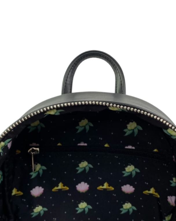 Introducing the Disney Good Verses Evil Mini Backpack by Blue Dog Posters: this enchanting faux leather mini backpack boasts an open design with a floral interior lining featuring pink and yellow flowers. Inside, you'll find a practical zipper pocket for added functionality. The dark, leather-like exterior exudes elegance with its convenient zipper opening.