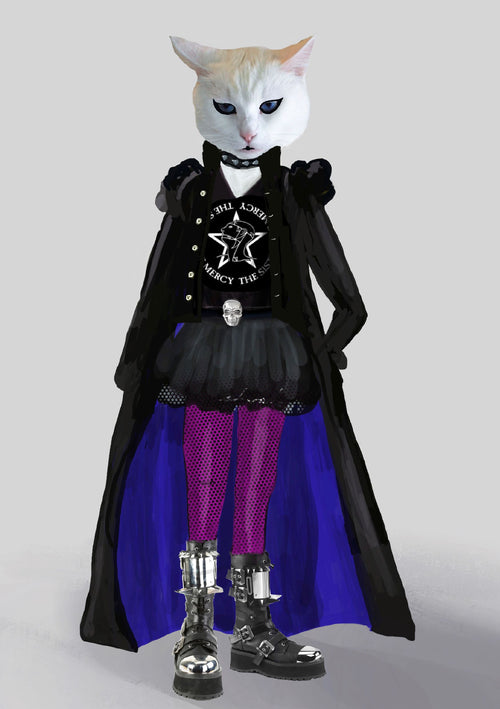 Check out "Goth Cat by Itchy Grandpa" from our A5 mini prints collection. Featuring a digitally illustrated cat standing upright in edgy gothic attire—a long black coat with blue lining, a black shirt with white text, a black skirt, vivid fuchsia tights, and silver-studded black boots—set against a plain gray background. Perfect for fans of our Little Art series!