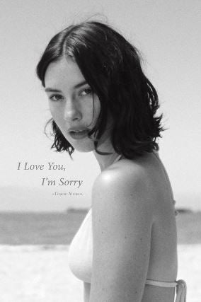 A woman with shoulder-length dark hair in a white bikini stands on the beach, looking at the camera. The black-and-white image features the text: "Gracie Abrams - I Love You" from MUS 356.