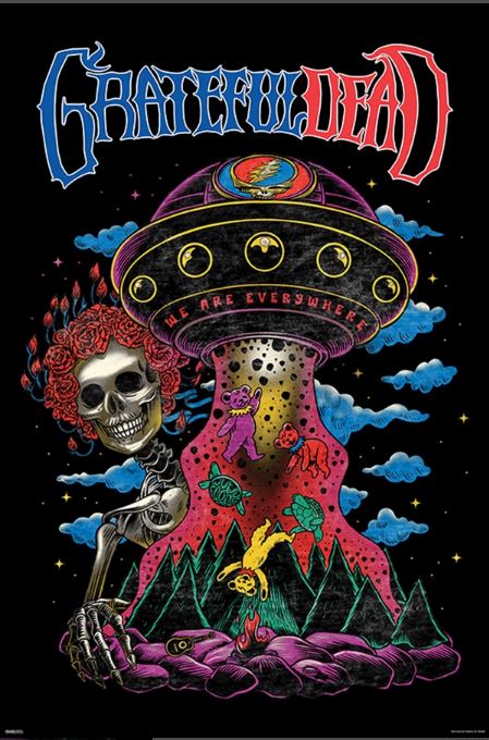 This vibrant Grateful Dead-themed MUS 058 rock poster features a large psychedelic UFO with a skeletal figure and a flaming red-haired skull. The design includes dancing bears, a mountain landscape, and the phrase "We Are Everywhere," all printed on premium 150gsm gloss paper. The band's name is prominently displayed at the top.