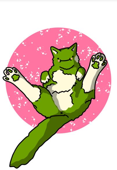 The playful green cat lies on its back with all four paws in the air, showing its white belly against a textured, pink circular background. This charming illustration, titled "Green Cat by Badbroidery," is perfect for adding to your Mini prints collection from Blue Dog Posters.