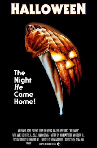 The MTV 074 "Halloween" poster features a hand gripping a sharp knife transforming into a jack-o’-lantern, with the tagline "The Night He Came Home!" and film credits on a black background.