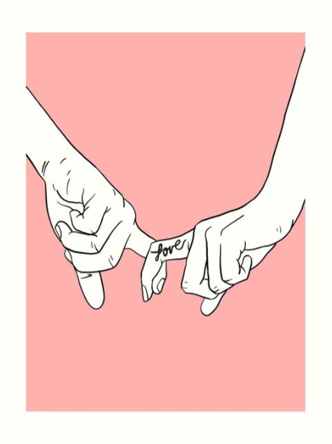Illustration of two hands using their pinky fingers to make a promise, with the word "forever" tattooed along the length of the fingers. The background is a solid pink, and the drawing is simple with clean lines and minimal details—perfect as an art print in any gallery series on archival paper. Introducing Hands Love by Dada22 from GAP.