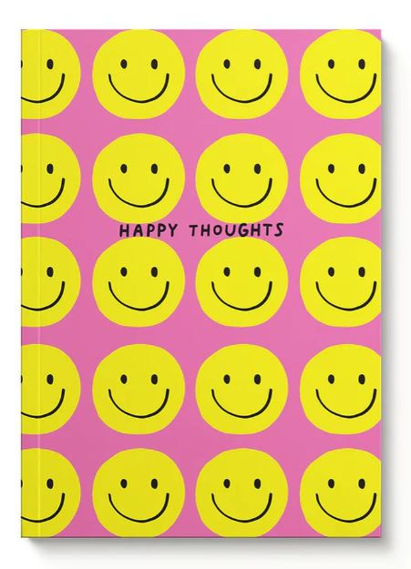 The A5 Soft Cover Notebook-Happy Thoughts by Blue Dog Posters features a pink cover adorned with yellow smiley faces and the words "HAPPY THOUGHTS" in black at the center.