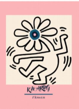 This vibrant art poster, titled "Keith Haring Flower" by Blue Dog Posters, features a bold line drawing of a dancing figure with a flower head in a cartoon style. Printed on 250gsm satin paper to enhance its vivid colors, the design showcases a pink background with the text "K. Haring" and "Flower" beneath the image, making it perfect for any mini posters collection.