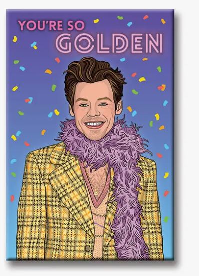 The Harry Golden Magnet from Blue Dog Posters features a vibrant illustration of a cheerful individual with short, styled brown hair, dressed in a yellow plaid jacket and a long, fuzzy purple scarf. Above them, bold pink letters proclaim "YOU'RE SO GOLDEN" while multicolored confetti decorates the background like an array of fridge magnets.
