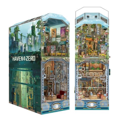 An illustration of two tall rectangles labeled "Haven Zero Large Book Nook Tonecheer" by Blue Dog Posters. The lush, cozy top contrasts with the industrial base—ideal for a post-apocalyptic diorama or miniature shelf display.