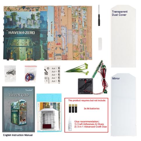Components of the Haven Zero Large Book Nook Tonecheer by Blue Dog Posters include illustrated boards, a transparent dust cover, mirror, wires, battery holder, adhesives, LEDs, stickers, instruction manual, and DIY tools.
