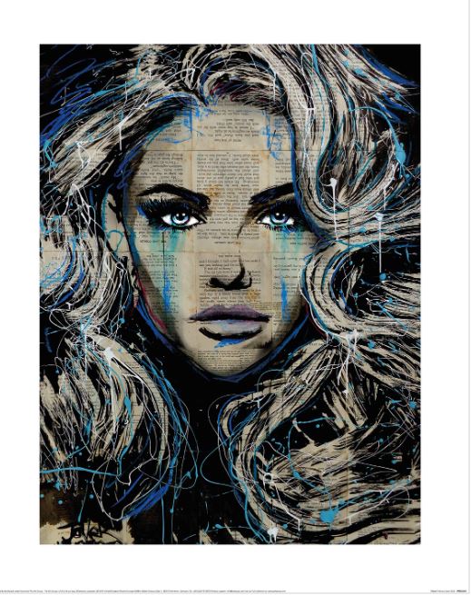The Loui Jover (Haven) art print from Blue Dog Posters is a vibrant 60x80cm piece depicting a woman with flowing hair against a background of text. Part of the Decor Series, this artwork features dynamic brush strokes and splashes of blue and beige, giving it an expressive, contemporary feel. The woman's striking eyes and intense expression make this print truly captivating.