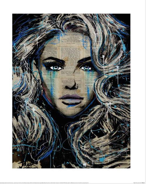 The Loui Jover (Haven) art print from Blue Dog Posters is a vibrant 60x80cm piece depicting a woman with flowing hair against a background of text. Part of the Decor Series, this artwork features dynamic brush strokes and splashes of blue and beige, giving it an expressive, contemporary feel. The woman's striking eyes and intense expression make this print truly captivating.