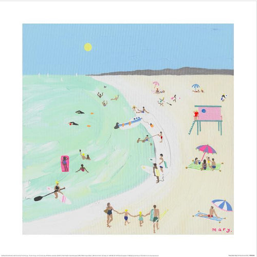 The Mary Donald (Hazy Beach Days) from GAL207 captures a vibrant beach scene with swimmers, surfers, and sunbathers. A pink lifeguard tower stands against the clear blue sky, ideal for any Small Decor Series Art Prints collection. Families enjoy sand and sea under its watchful presence.
