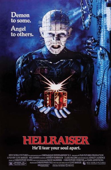 A pale, bald figure with pins in his head holds a glowing puzzle box. “Hellraiser” and “He’ll tear your soul apart.” feature on this dark, eerie cult movie poster by MTV 175, printed on premium gloss paper.