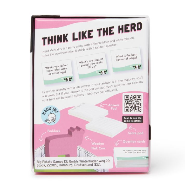 The back of the game box for "Herd Mentality Mini," a fun party game by Blue Dog Posters, features a description of the gameplay, colorful illustrations, a QR code for more details, and family-friendly information from the company at the bottom.