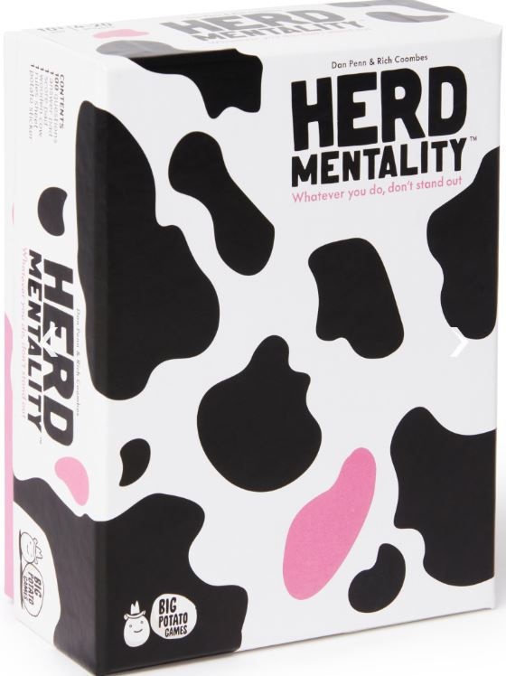 The image shows the box for "Herd Mentality Mini," a family party game by Blue Dog Posters. The box is predominantly white with black and pink cow-like spots. The tagline reads, "Whatever you do, don't stand out.