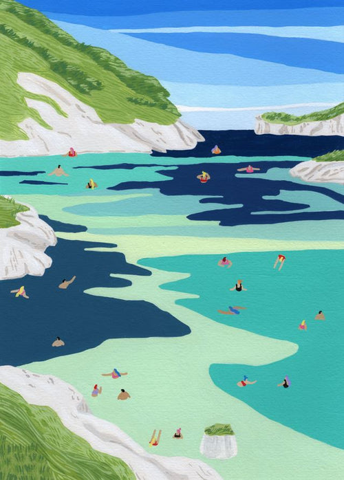 Hill Swim by Helo Birdie, from GAL145, showcases a premium art print capturing people swimming in a vibrant blue-green sea framed by lush greenery and white rocky cliffs under a clear sky.