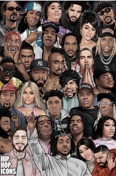 The Hip Hop Icons poster from MUS 151 depicts numerous hip-hop artists, each characterized by unique features and clothing styles. Some sport hats, sunglasses, or jewelry, while others strike poses with distinctive gestures. The phrase "Hip Hop Icons" appears in the bottom-left corner. This vibrant poster beautifully showcases the diverse expressions and individual identities within the hip-hop community.