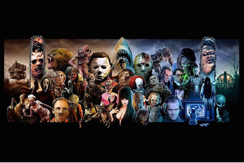 Experience the "Horror Classics" by MTV 329—a collection featuring iconic horror movie characters such as masked figures, supernatural entities, and monstrous creatures set against a dark backdrop with spooky houses and a full moon.