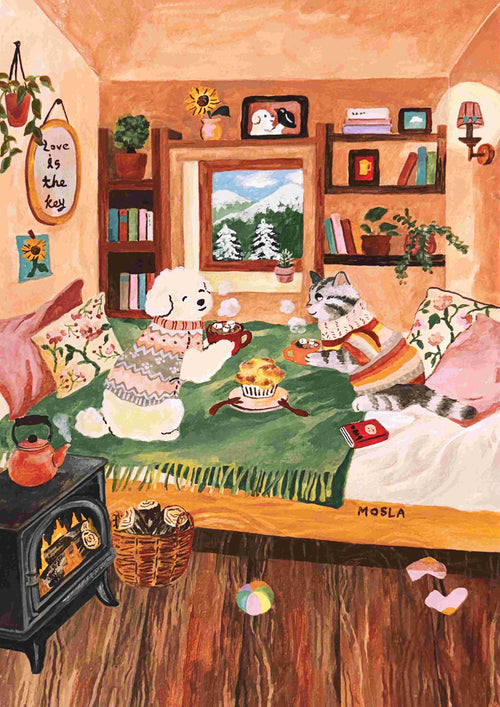 Hot Cocoa by Mosla from Blue Dog Posters shows a dog and cat in sweaters relaxing with tea and muffins. This art print, on premium 250gsm Satin Paper, brings warmth to any space—part of the Featured Artist Collection.