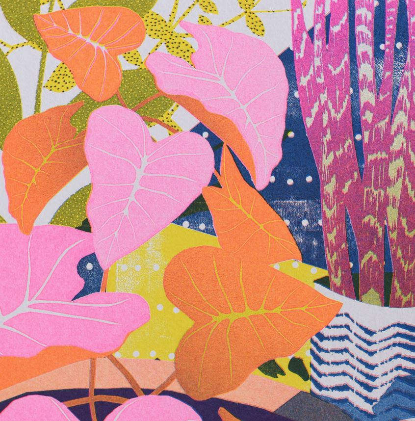 The "House Plants A4 Riso Print" by Printer Johnson from Blue Dog Posters features pink and orange heart-shaped leaves with vibrant patterns amidst abstract yellow, blue, and purple shapes for a lively artistic composition.