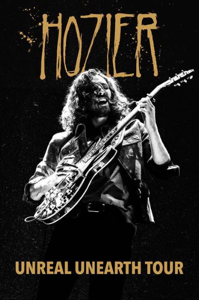 The MUS 177 Hozier - Unreal Unearth Tour poster features a black and white image of Hozier playing guitar, “HOZIER” at the top, and “UNREAL UNEARTH TOUR” in bold gold, printed on premium gloss paper for a vibrant display.