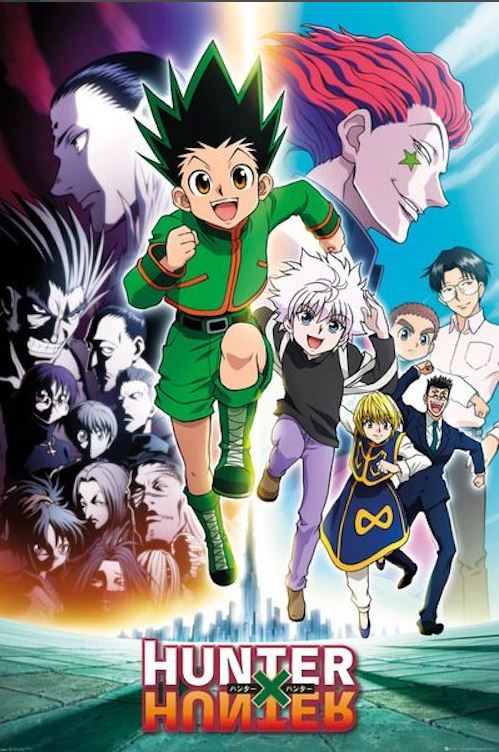 Poster of the anime "Hunter X Hunter" by MTV 062, featuring the main characters Gon, Killua, Kurapika, and Leorio in dynamic poses. Printed on premium gloss paper, the background showcases various other characters from Japanese animation with a cityscape at the bottom and the title "Hunter X Hunter" prominently displayed.