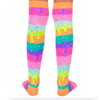 The Madmia Ice Cream Socks by Blue Dog Posters are vibrant knee-high socks adorned with colorful horizontal stripes in pink, blue, yellow, and green. Each stripe is embellished with drip-like designs and small polka dots, making them a playful addition to any colorful outfit for a day of cheerful comfort.