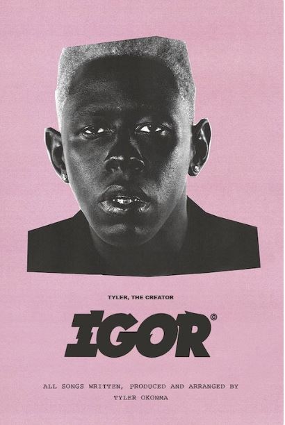 The album cover for "Tyler the Creator Igor" from MUS 342 displays a black and white image of Tyler's face on a pink background, with the text "TYLER, THE CREATOR." The album is entirely written, produced, and arranged by Tyler Okonma.