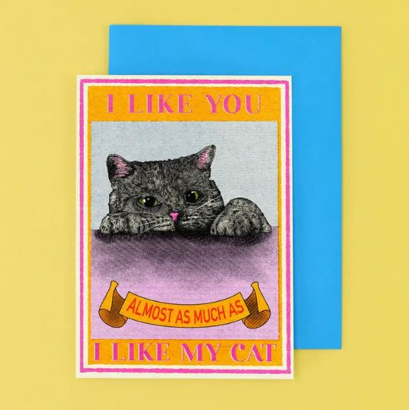 The "I Like You Cat Greeting Card" by Blue Dog Posters shows a gray cat resting its head on its paws with the text: "I like you almost as much as I like my cat." It features an orange and pink border, paired with a blue envelope on a yellow background.