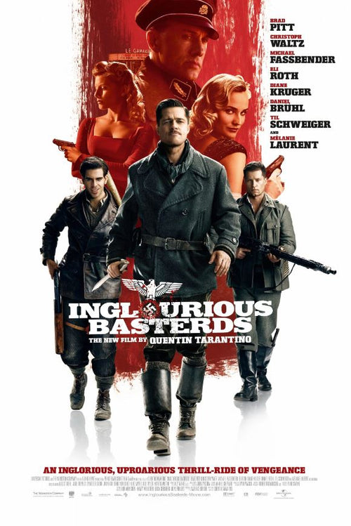 Introducing the "Inglourious Bastards" 30x40cm movie poster from Blue Dog Posters, featuring Brad Pitt prominently in the center wearing a gray coat and flanked by two armed men. With a vintage ad style background showcasing soldiers and other characters in red and white tones, this poster captures the essence of the film perfectly. Title and credits are displayed below for an authentic touch.