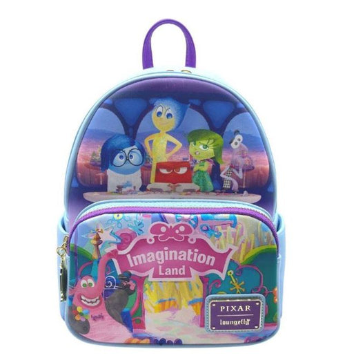 A vibrant Disney Pixar backpack featuring characters from "Inside Out" stands against a white background. This Blue Dog Posters Inside Out Mini Backpack showcases a design labeled "Imagination Land" with Joy, Sadness, Anger, Disgust, Fear, and other whimsical elements from the movie.