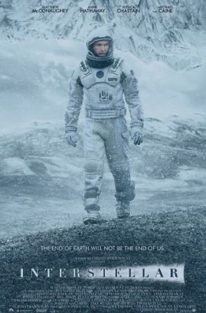 A figure in a white spacesuit stands on an icy landscape with mountains and the words, “The end of Earth will not be the end of us—Interstellar.” An essential MTV 408 Interstellar Hit Movie Poster for any Movies & TV collection.