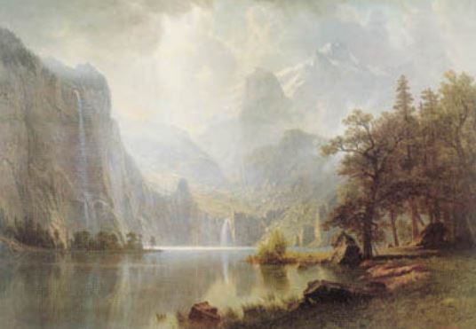 ART 101’s “In the Mountains” art poster captures a tranquil lake amid soaring mountains, trees, and waterfalls with gentle sunlight—printed on premium gloss paper for vivid detail.