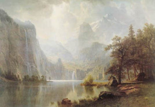 ART 101’s “In the Mountains” art poster captures a tranquil lake amid soaring mountains, trees, and waterfalls with gentle sunlight—printed on premium gloss paper for vivid detail.