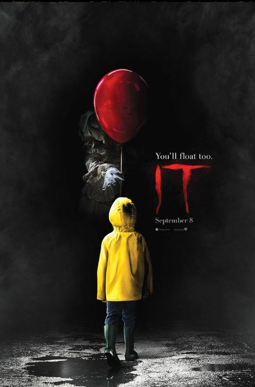 A child wearing a yellow raincoat stands in a dark, foggy atmosphere, facing a figure with a red balloon. The text reads, "You'll float too. IT: Balloon by MTV 323. September 8.
