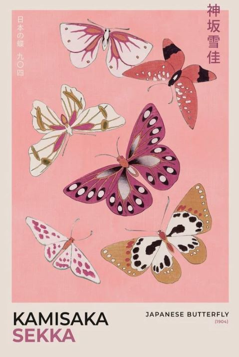 Six vibrant butterflies with intricate patterns appear on a pink backdrop, accented by Japanese text and “Japanese Butterflies” at the bottom—a stylish ART 034 poster that brings elegant Japanese art to your space.