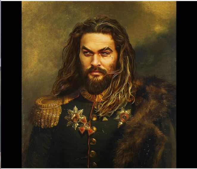 A digital painting features a man with long brown hair and a full beard, donned in a lavishly decorated military-style uniform adorned with various medals and draped with the soft and cozy Jason Momoa Replace Face Throw Blanket by Blue Dog Posters over one shoulder. The background is a muted, warm-toned canvas.