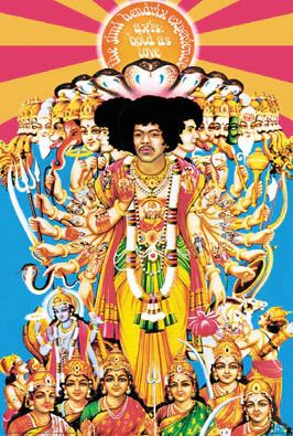 The JIMI HENDRIX - AXIS poster by MUS 255 features Hendrix as a Hindu deity with multiple arms and faces, surrounded by vibrant colors and deities—blending pop culture with traditional Indian art in a bold wall display.