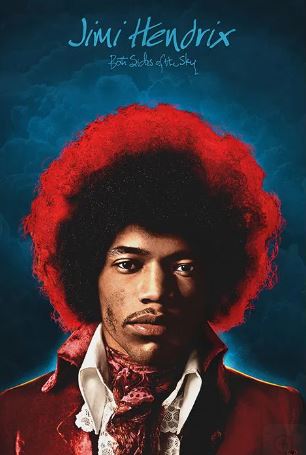 The "Jimi Hendrix - Both Sides" album cover by MUS 163 shows Hendrix in a red jacket and cravat with a large red afro, set against a dark blue cloudy background; the album title appears above in blue handwriting—ideal for rock or music collections.