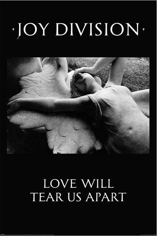 The Joy Division "Love Will Tear Us Apart" poster by MUS is a premium 150gsm gloss print. It features a striking stone angel with wings spread and includes the band's name at the top and song title at the bottom, making it an ideal piece for any music collection.