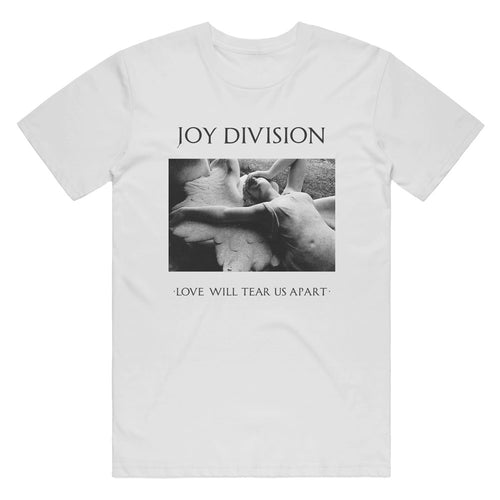 The Blue Dog Posters Joy Division Love T-Shirt WhiteMED features "JOY DIVISION" above a black-and-white sculpture of embracing figures, with "LOVE WILL TEAR US APART" in bold capitals below.