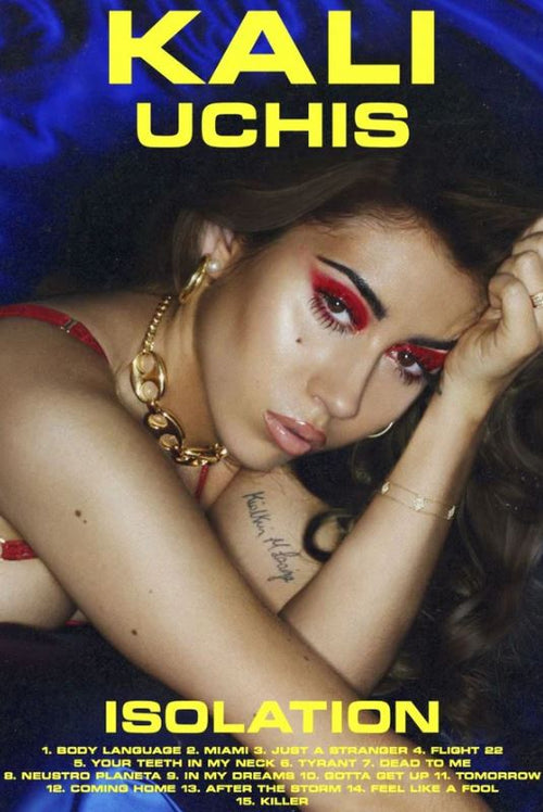 Album cover for Kali Uchis Isolation by MUS 347, ideal for Pop Posters or Music Collections. Features Kali with bold red eye makeup, gold earrings, sleeveless top, and striking yellow album and song titles.