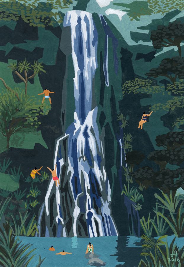 The premium "Karekare by Helo Birdie" art print from GAL137 depicts a tall waterfall cascading down a rocky cliff, lush greenery surrounding it. People climb rocks, swim, and leap into the pool below, creating a lively and adventurous scene.