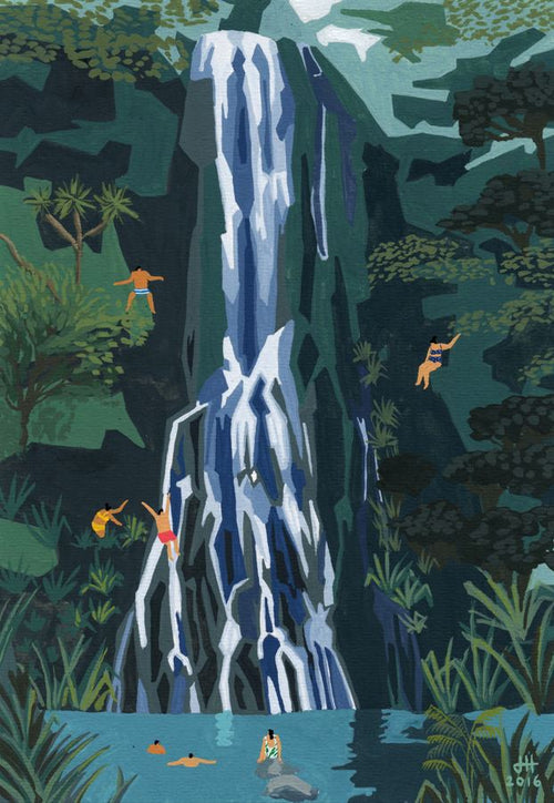 The premium "Karekare by Helo Birdie" art print from GAL137 depicts a tall waterfall cascading down a rocky cliff, lush greenery surrounding it. People climb rocks, swim, and leap into the pool below, creating a lively and adventurous scene.