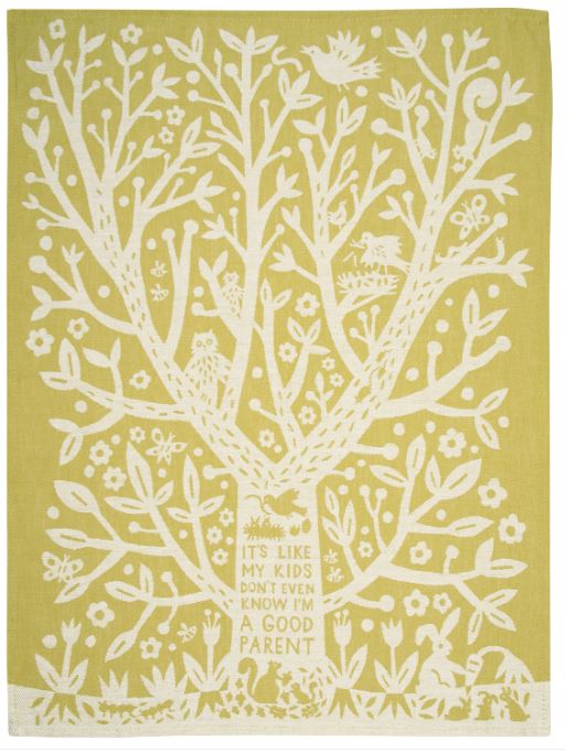 The **Kids Don't Even Know Dish Towel** by **Blue Dog Posters** features a decorative illustration of a large tree with various animals and plants among its branches against a yellow background, printed on high-quality cotton. The trunk bears a sign that humorously reads, "It's like my kids don't even know I'm a good parent." This charming tea towel is perfect for adding personality to your kitchen.