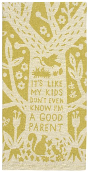 The Kids Don't Even Know Dish Towel by Blue Dog Posters is a high-quality cotton tea towel in beige and light brown, featuring a tree adorned with various animals, including a bird, squirrel, and other forest creatures. Perfect for the kitchen, it reads: "IT'S LIKE MY KIDS DON'T EVEN KNOW I'M A GOOD PARENT.