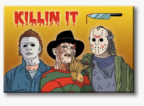 Three illustrated horror movie characters are depicted against a yellow background, with text above them reading "KILLIN IT" in blood-dripping letters. A bloody knife is also shown. Perfect for scaring your house guests, this Blue Dog Posters' Killin It Magnet features each character wearing distinctive, iconic masks and outfits.