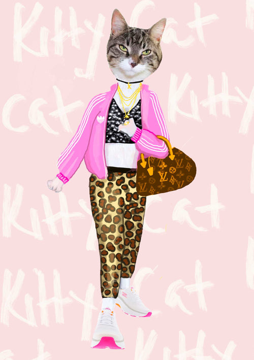 Illustration of a cat with a human body dressed in trendy fashion from the "Itchy Grandpa" series. The cat wears a pink jacket, leopard print leggings, white sneakers, gold jewelry, and holds a brown designer handbag. The background is pink with the words "Kitty Cat" written repeatedly—ideal for Deluxe Postcard Frames! Presenting "Kitty Cat by Itchy Grandpa A5" from the brand A5.